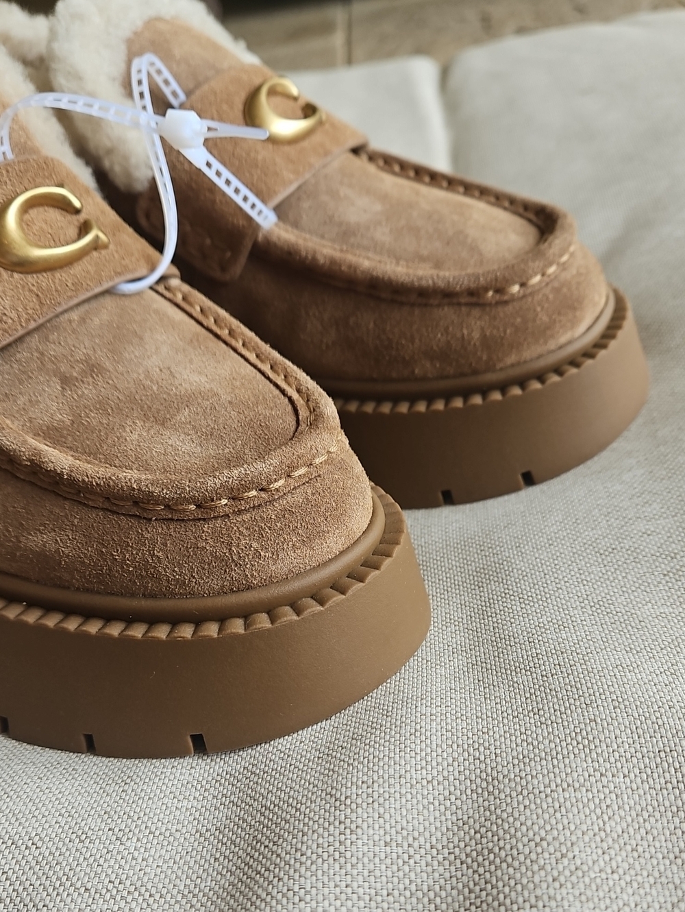 Coach Leah Platform Lug Sole Loafer Suede & Shearling Upper Coconut/Natural, 7 - Picture 7 of 10